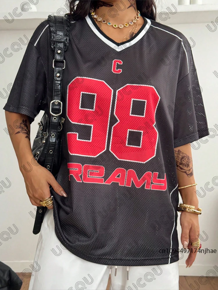 

Oversized T-shirt For Women V-Neck Summer Mesh Short Sleeve Black Dreamy 98 Print Sports Tees Football Jersey Y2k Casual Tops