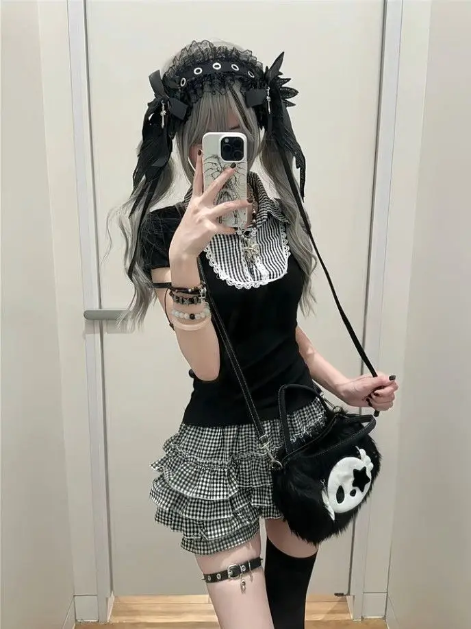 Vintage Plaid Polo Shirt Women - Black White Gothic Color Block Short Sleeve Tee, Y2K Slim Fit Sweet Cool Top, Summer Casual Gol