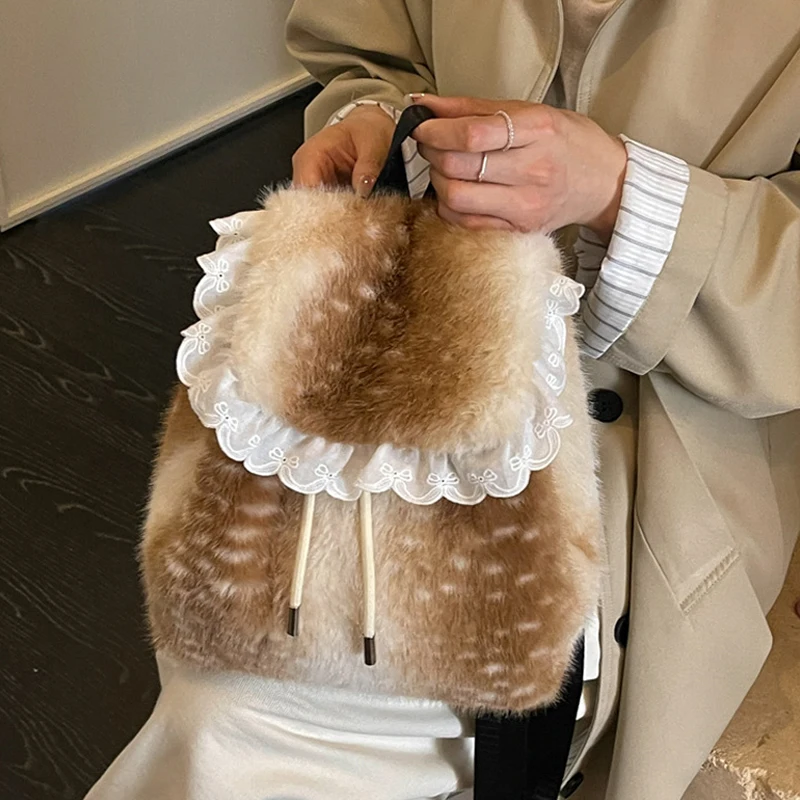 Women Faux Fur Deer Spot Mini Backpack Autumn Fluffy Lace Ruffle Drawstring Bucket Bag Sweet Travel Shoulder Backpack Purse