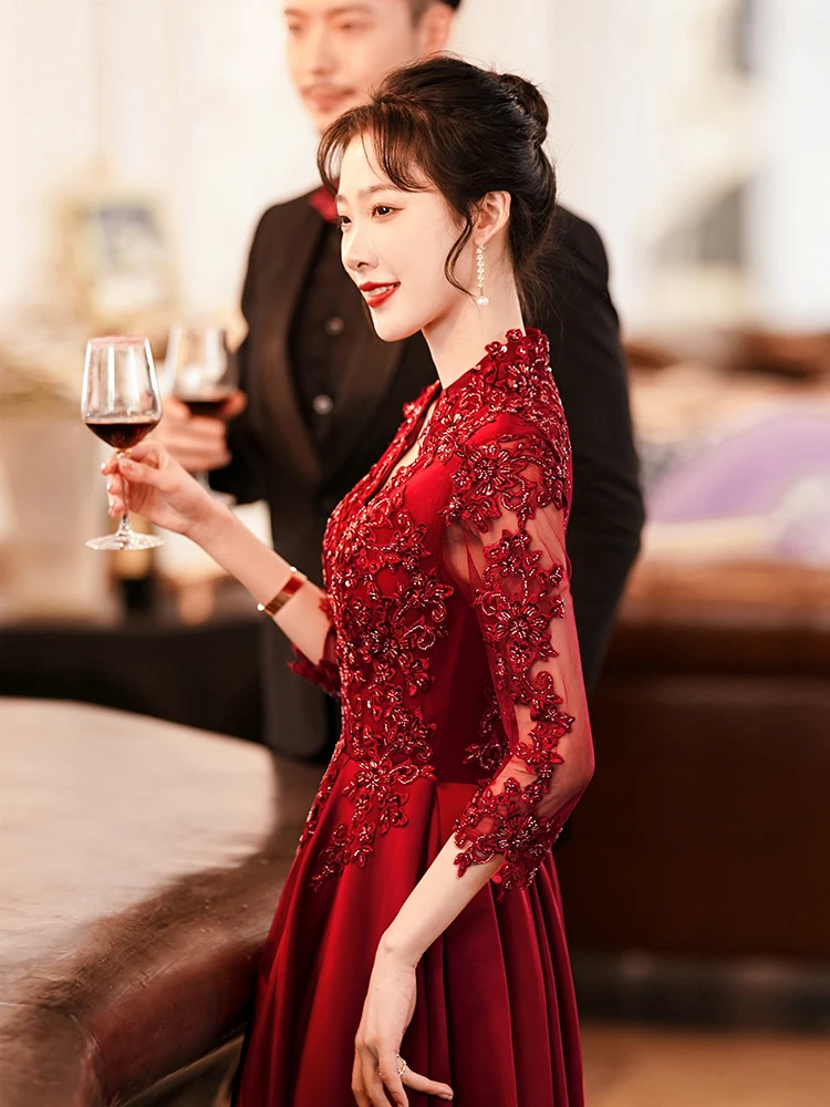 

Red Wine Color Wedding Dr Long Heavy Embroidery New Bride Evening Gown Korean Sle mid Waist Zipper Bal Crystal Beads