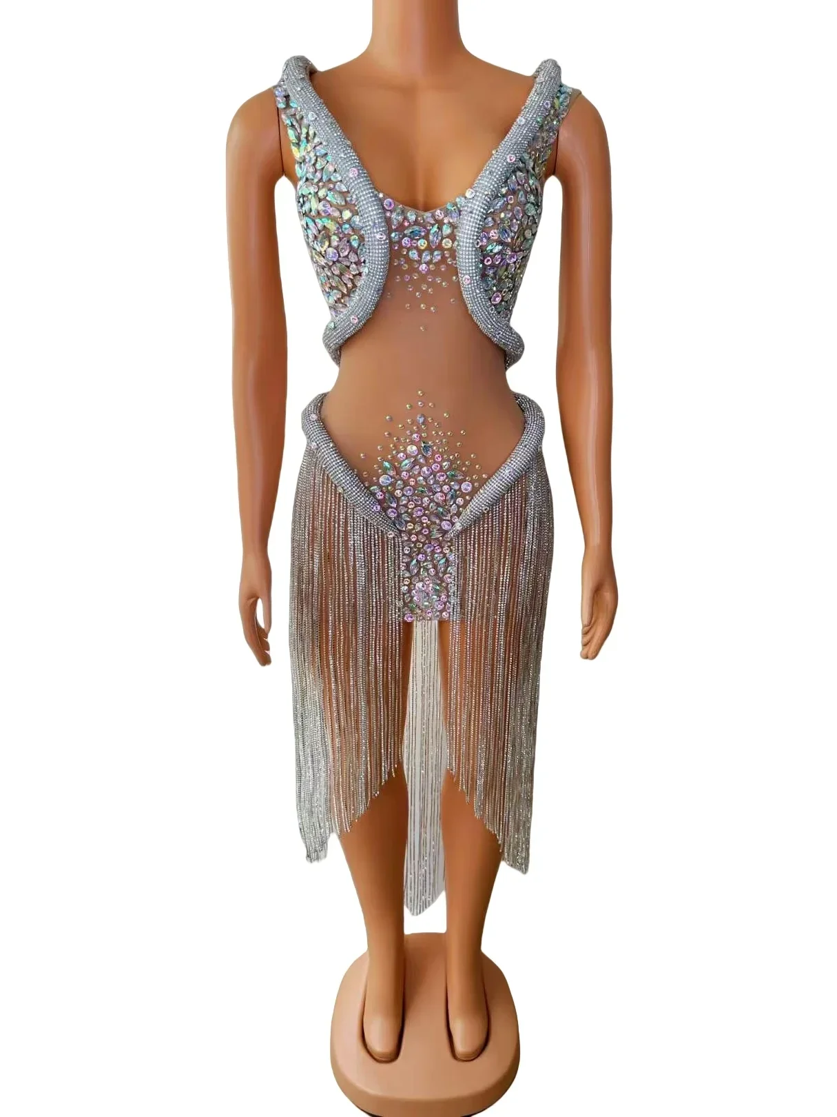 여성용 럭셔리 실버 드릴 체인 쉬어 메쉬 원피스 라인석 프린지 드래그 퀸 코스튬, 생일 가수 무대 착용 나이트 클럽