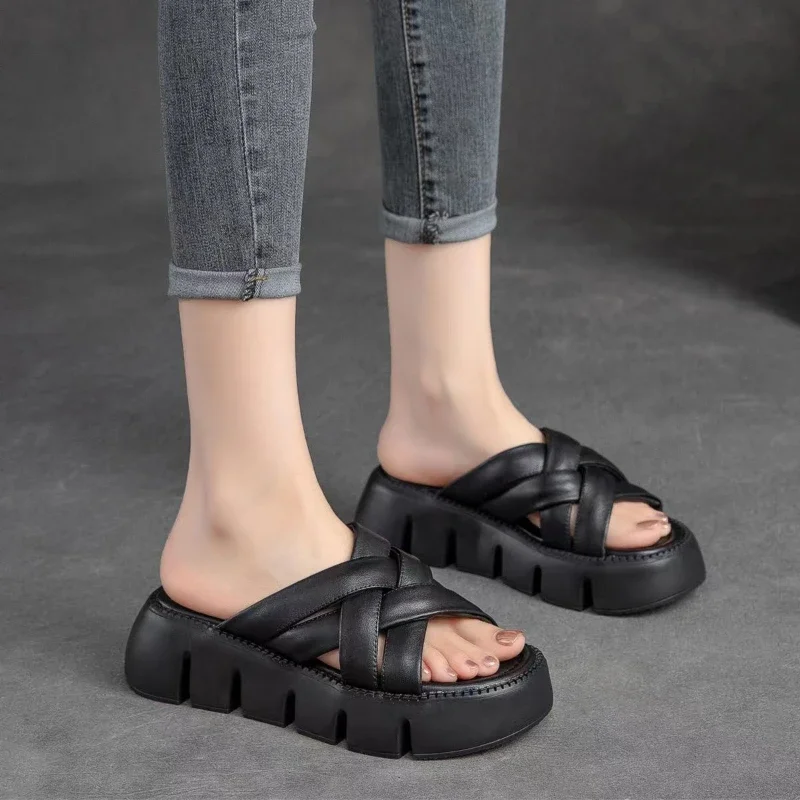 Summer 2023 Casual Platform Slippers Women Fashion Braided Mesh Walking Wedge Sandals шлепанцы женские летние на платформе