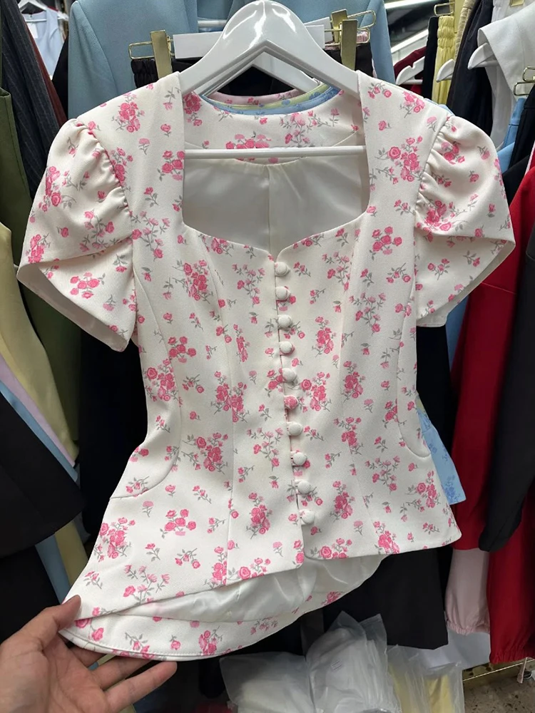 Bedruckte Kurzarm-Dünnmäntel für Damen Süßer Quadratischer Ausschnitt Puffärmel Tailliert Einreihig Schlanke Oberteile Neue Damen-Partykleidung – Detail 5