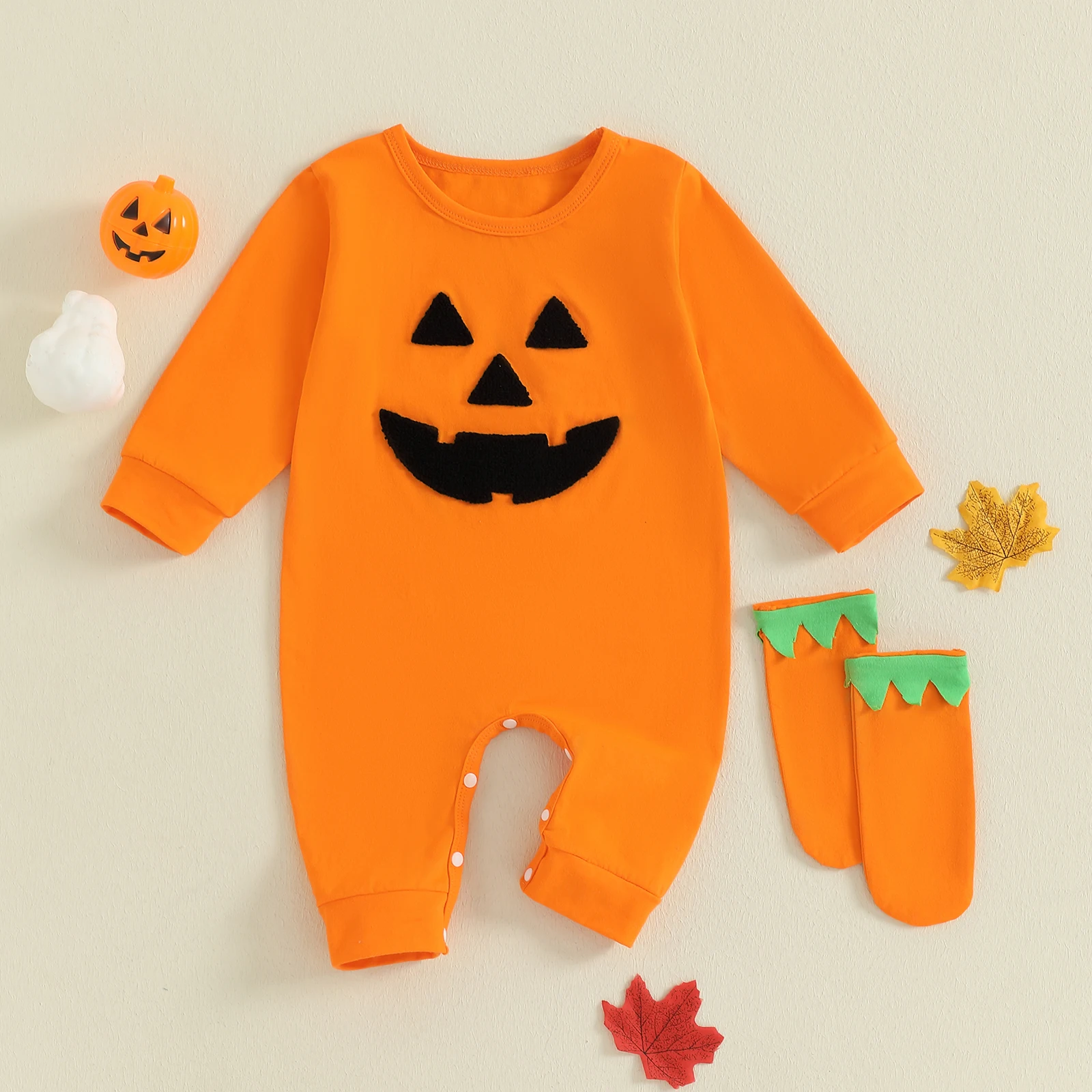 

0-18 Months Baby Rompers Halloween Outfit Long Sleeve Crew Neck Grimace Jumpsuit with Socks for Girls Boys