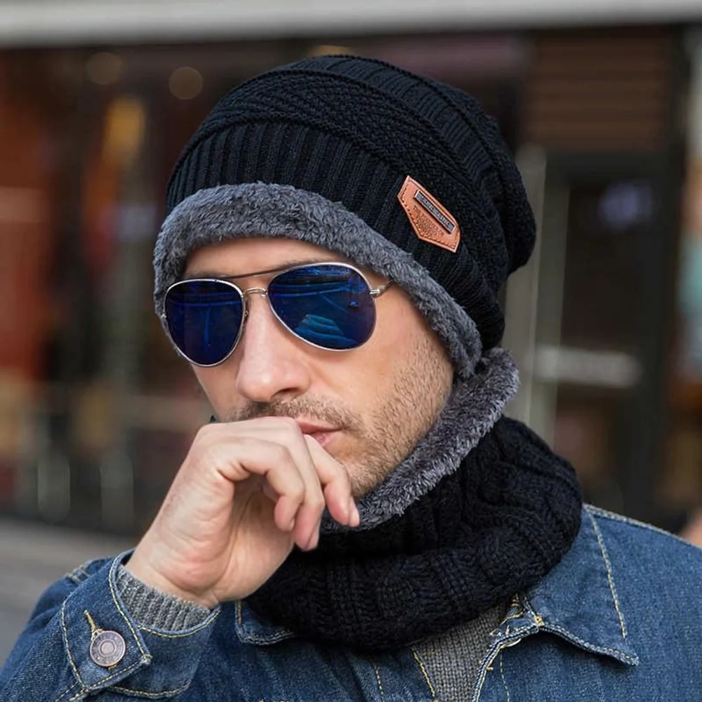 Unisex klassische verdickte warme Strickanzug-Set gefütterte Wintermütze weiche Stretch-Wintermützen für Männer und Frauen Freizeit-Beanie-Mütze