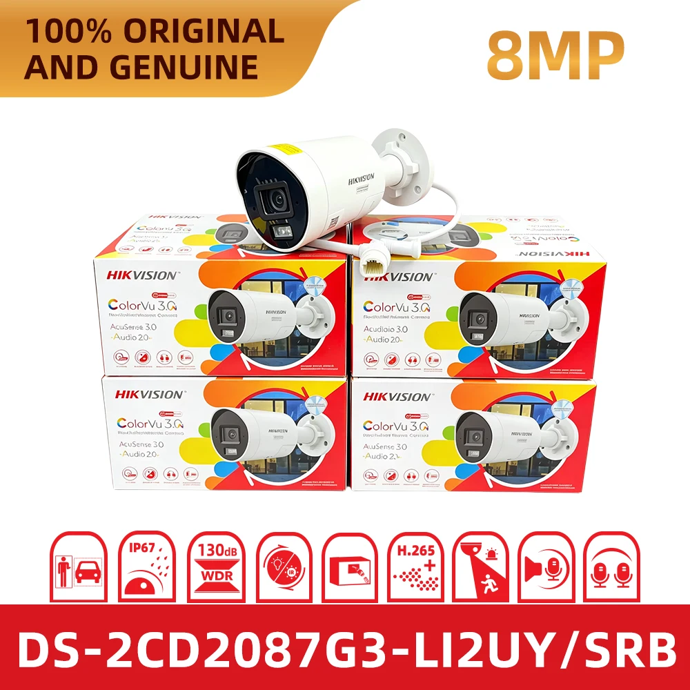 Cámara de Visión Nocturna a Todo Color Hikvision de 8MP, DS-2CD2087G3-LI2UY/SRB, 40m IR, Luz Blanca, PoE, Cámara de Seguridad para Exteriores con Audio