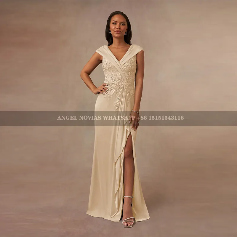 

Long Champagne Mermaid Mother of the Bride Dresses with Slit Wedding Guest Dress vestidos de fiestas elegantes mujer