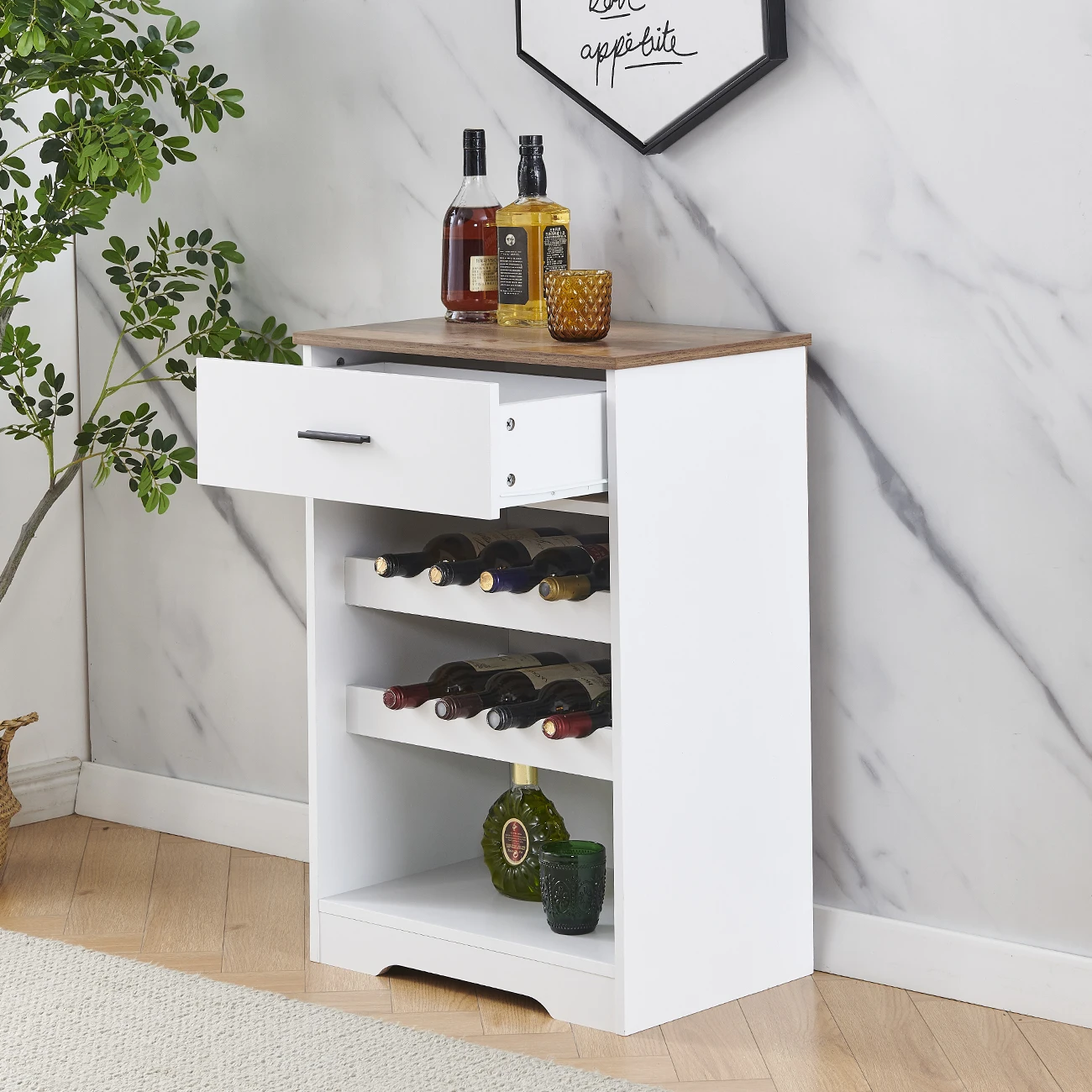 8 Bottles Storage Wine Rack With Drawer Wooden Display Shelf Wine Holder White