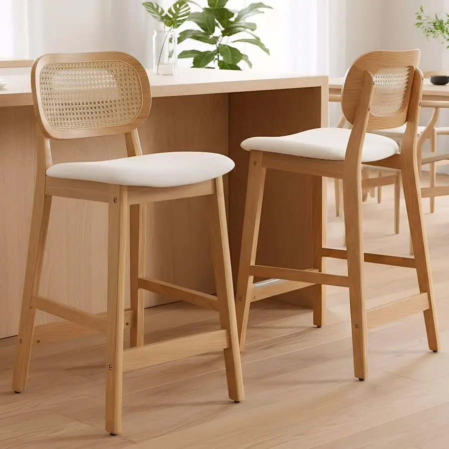 

Counter Stools Set of 2 Farmhouse Wooden Bar Stools Beige Linen Fabric Bar Chairs 26 Inch Kitchen Island Chairs with Curved Back