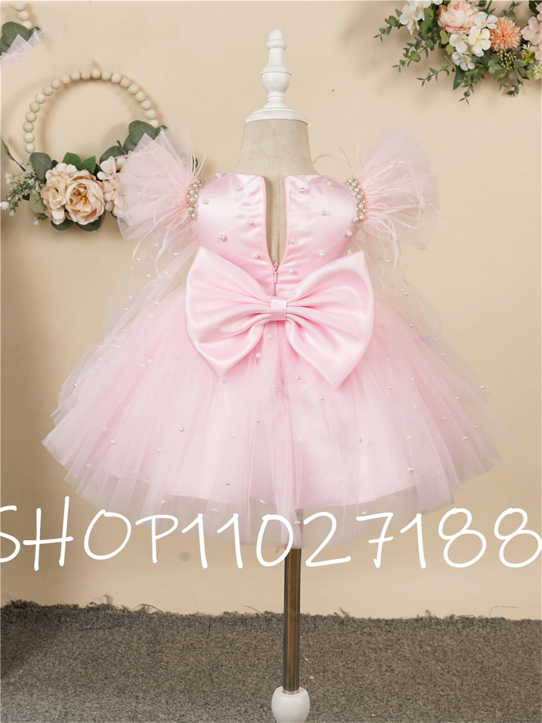 

Puffy Pink Flower Girl Dress Pearl Sleeves Princess Dress Girl Brithday Party Dress Girl Dress Baby Girl Dress Frist communion