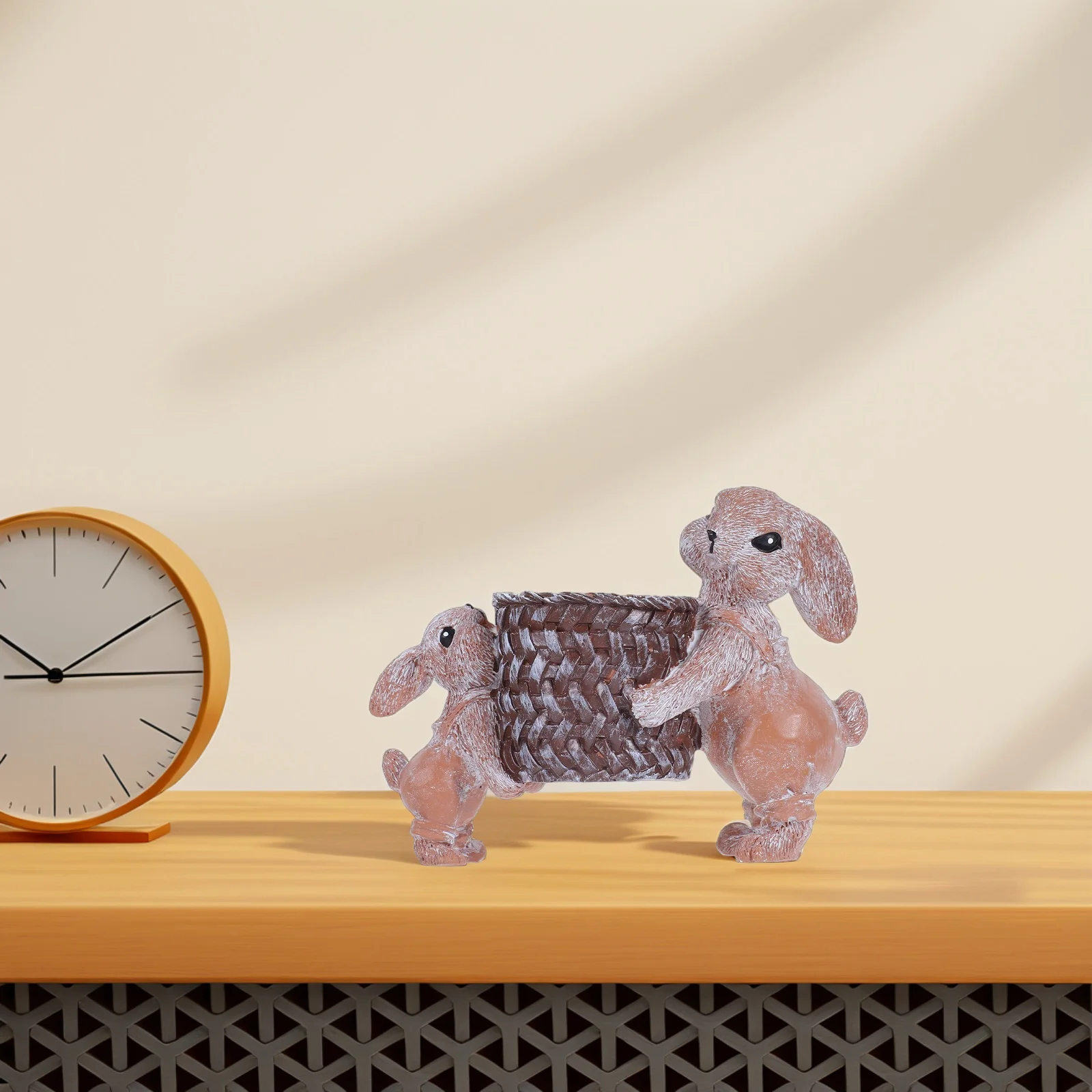 Cute Resin Bunny Pen Holder Easter Rabbit Desk Organizer with Realistic Bamboo Basket Desktop Storage Container