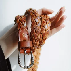 Maden Vintage Veg-Tan Cowhide Braided Belt for Women Leather Belt Simple Accessory Belts with 3 Strands of Weaving Craftsmanship