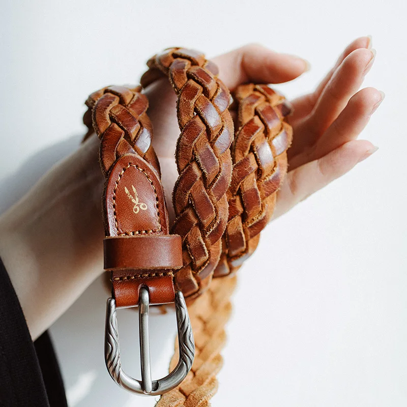 Maden Vintage Veg-Tan Cowhide Braided Belt for Women Leather Belt Simple Accessory Belts with 3 Strands of Weaving Craftsmanship