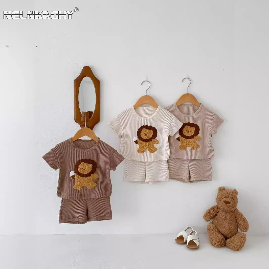 

2025 Summer New in Kids Baby Boys Waffle Clothing Set 2pcs - Infant Toddler Cartoon Lion Top T-shirts+shorts 0-3Y