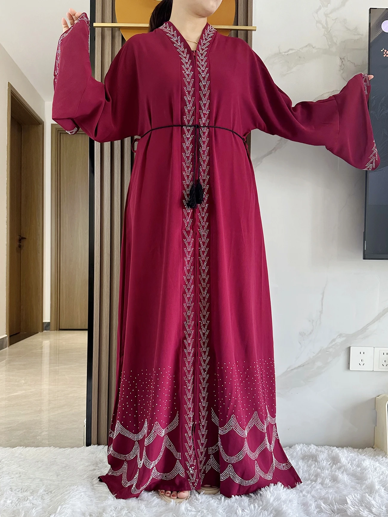 2024 Women Elegant Dress Dubai Party Outfits Long Sleeve Chiffon Rhinestones  Muslim Women Robe Open African Abaya Clothing