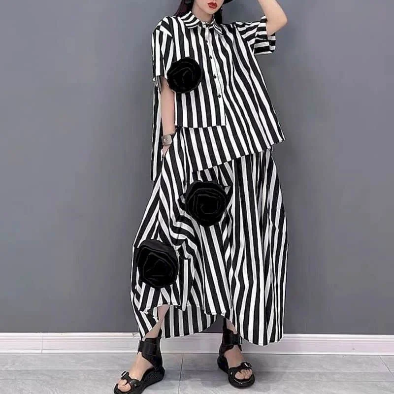 Dress Sets High Street Three-dimensional Flower Polo-neck Half Sleeve Shirts and Striped Skirts Casual 2 Piece Skirt Set Women