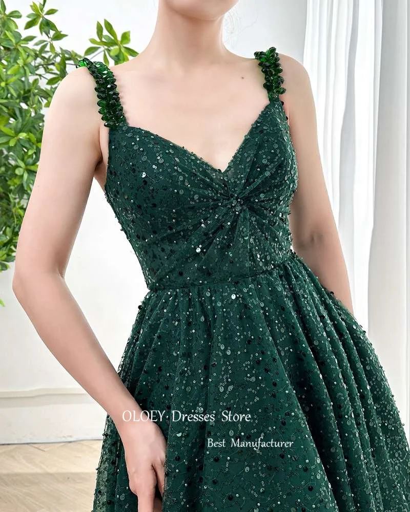 OLOEY Glitter Emerald Green Evening Party Dresses Women Straps Ankle Length Prom Gowns Wedding Party Dress Formal Event