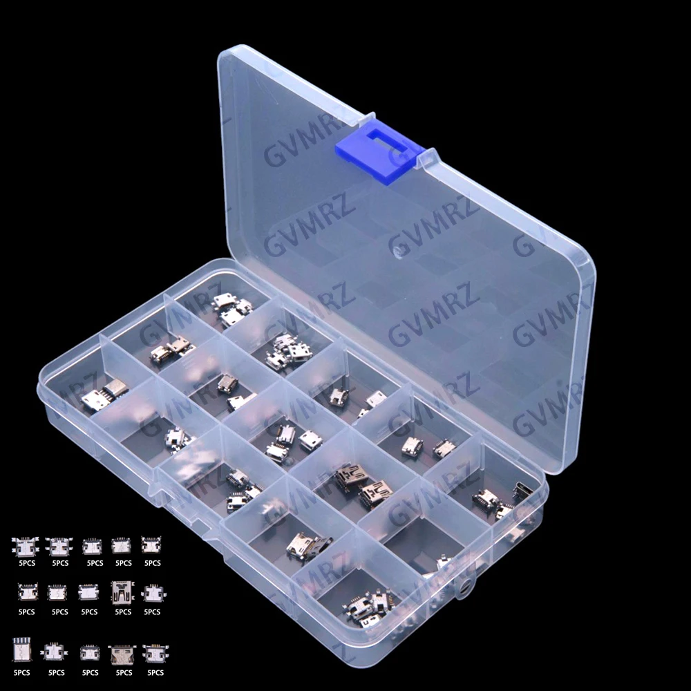15Values 75PCS Micro USB female connector, boxed MINI Android phone charging port, microphone mini. 75PCS