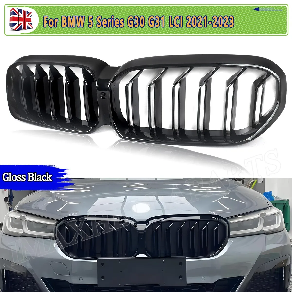 

ПЕРЕДНЯЯ ГРИЛЬ KIDNEY, замена для BMW 5 SERIES G30 G31 520i 520d 530i 540i LCI 2021 2022 2023 ДВОЙНОЙ SLAT Автомобильный гриль ГЛЯНЦЕВЫЙ ЧЕРНЫЙ