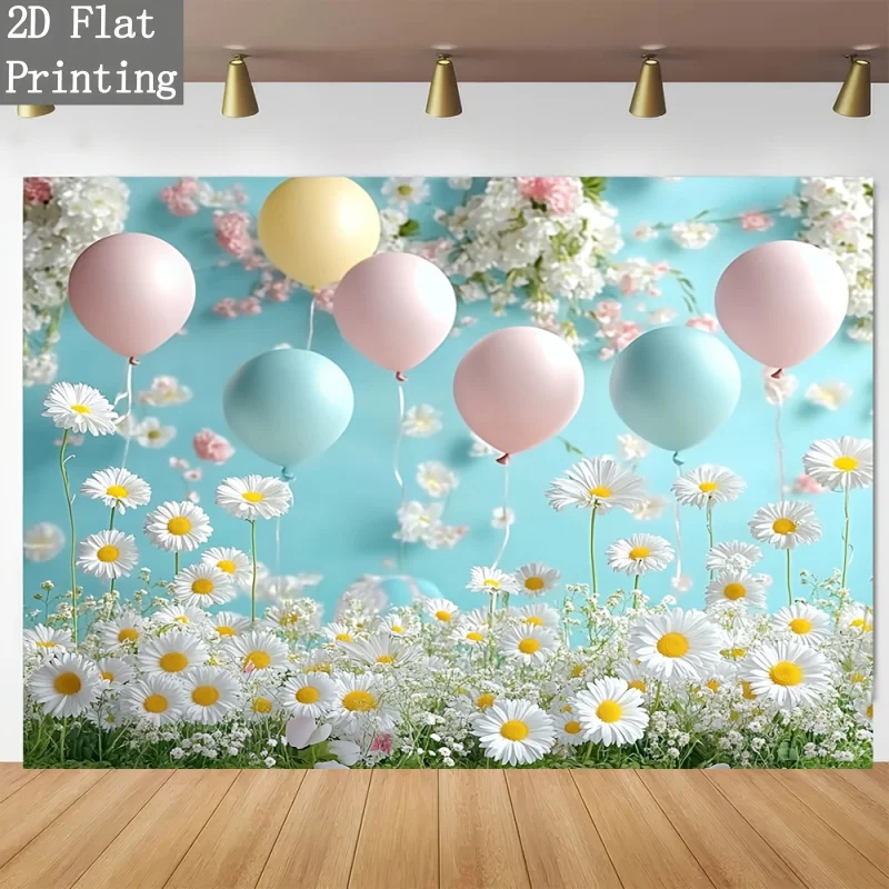 Romantic Floral Daisy Field Tapestry Wall Art Spring Decor Blue Sky Balloons Canvas Print Modern Nursery Room Home Decor