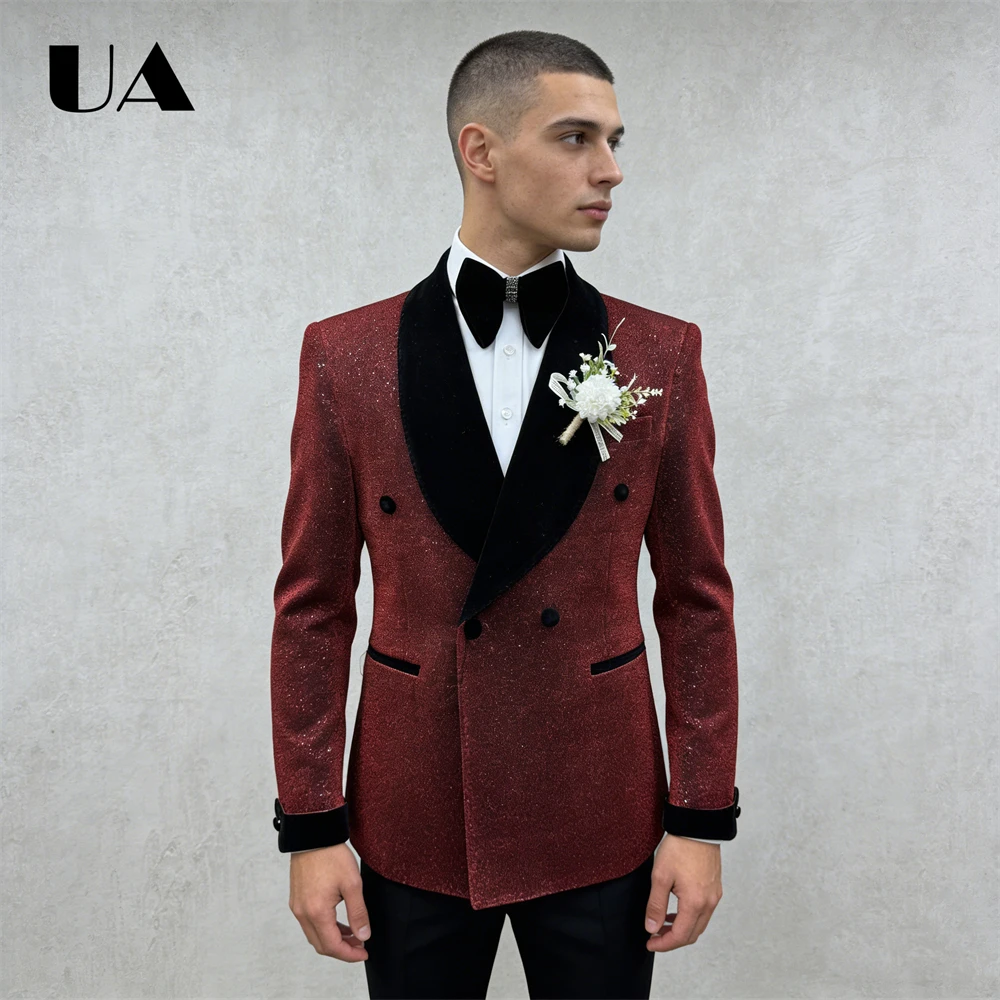 

Shiny Burgundy Suit Set for Men Double Breasted Black Shawl Neck Formal Prom Suit Attire Men Jacket Pants Slim Fitted Tuxedo
