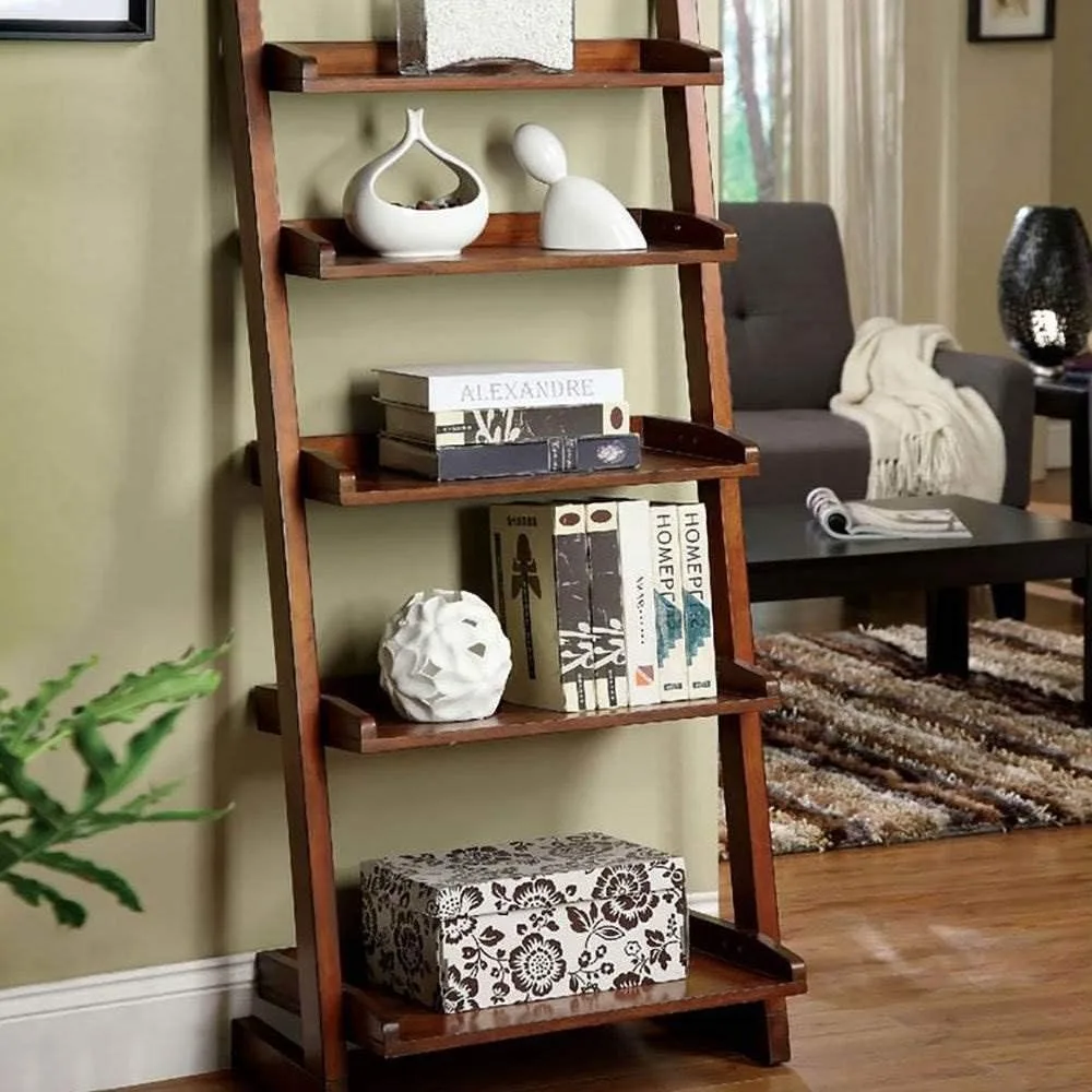رف عرض على شكل سلم، 5 طبقات، لمسة نهائية بنية، حل تخزين لديكور المنزل