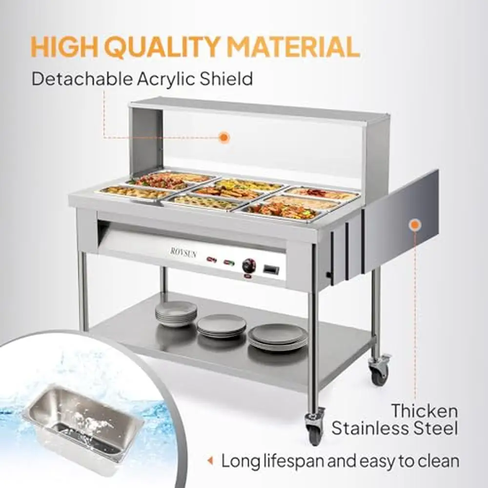 Commercial 72QT Electric Food Warmer 1500W Bain Marie 9 Pan Steam Table Stainless Steel Overshelf Guard