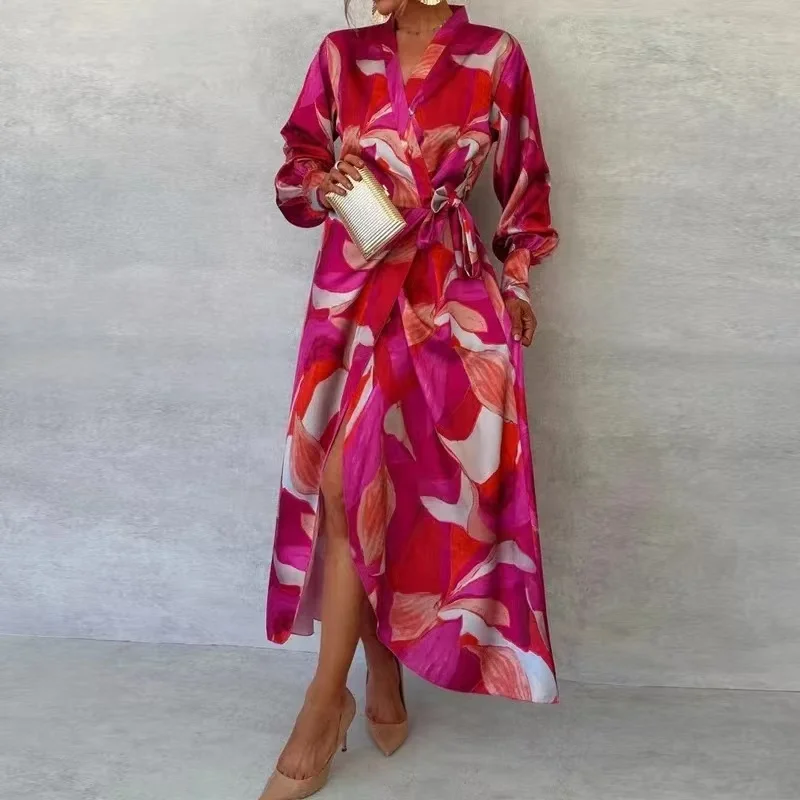 Elegant V Neck Pleated Printing Dress for Women Wedding Up Long Office Lady Outfit 2024 Spring Summer A-Line Boho Maxi Dresses
