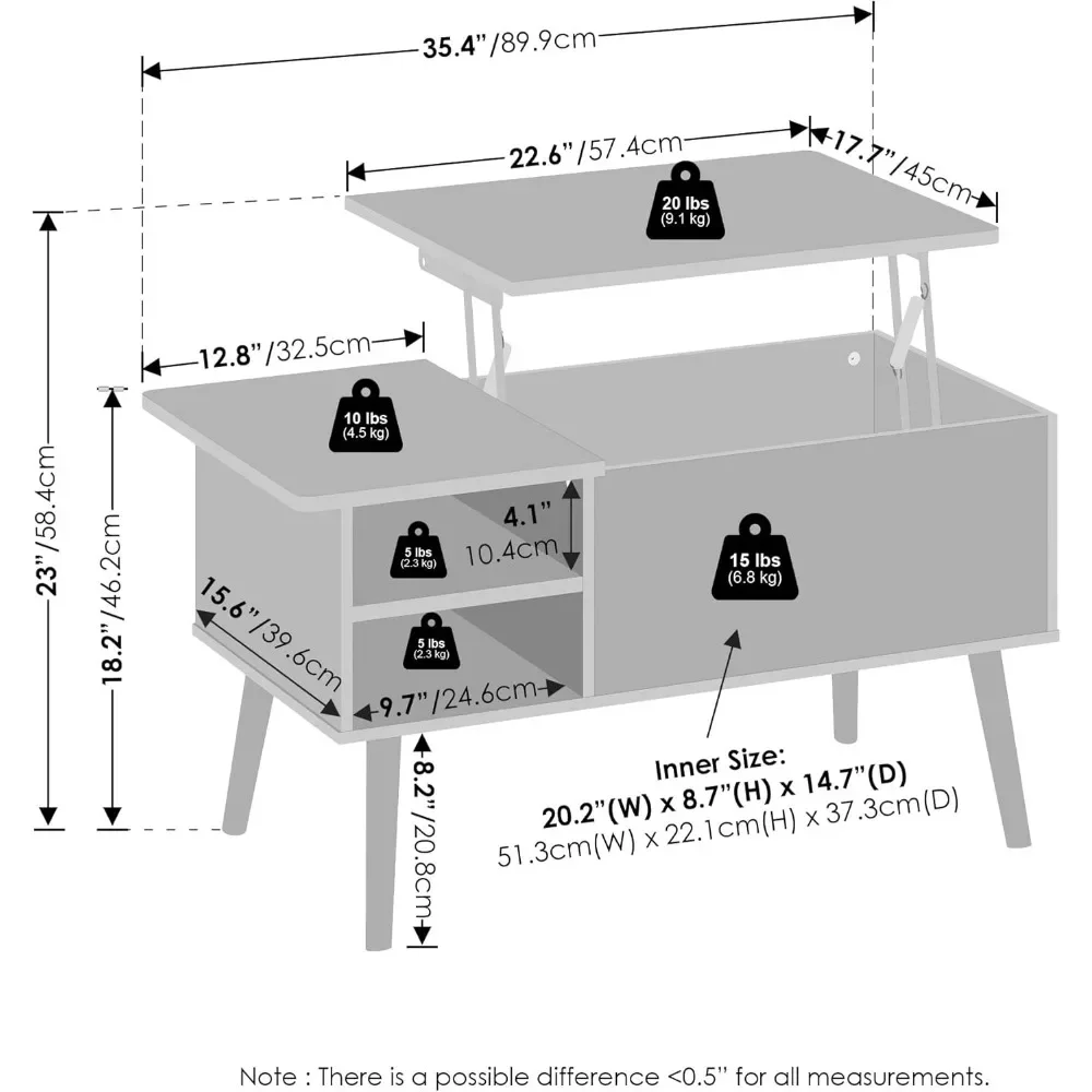 Tavolino da caffè con piano di sollevamento delle gambe in legno con scomparto nascosto e ripiano laterale aperto per soggiorno, rovere Flagstaff