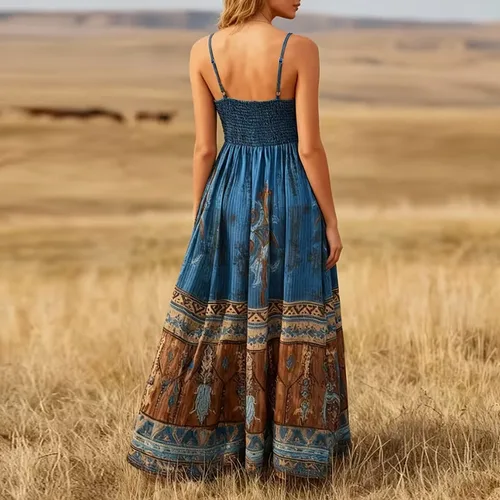 Imagen 2 del producto Vestido Maxi Bohemio Occidental con Cuello en V para Mujer, Estampado Étnico, Dobladillo Imperio, Vestido Largo con Tirantes Finos para Verano y Vacaciones en la Playa