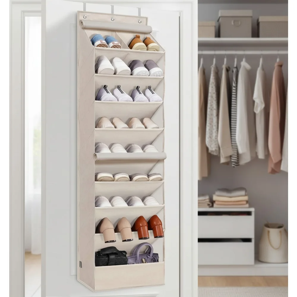 

Over Door Shoe Organizer with Dustproof Curtain, 9-Shelf Large Deep Pocket Hanging Storage for Closet Dorm Narrow Door