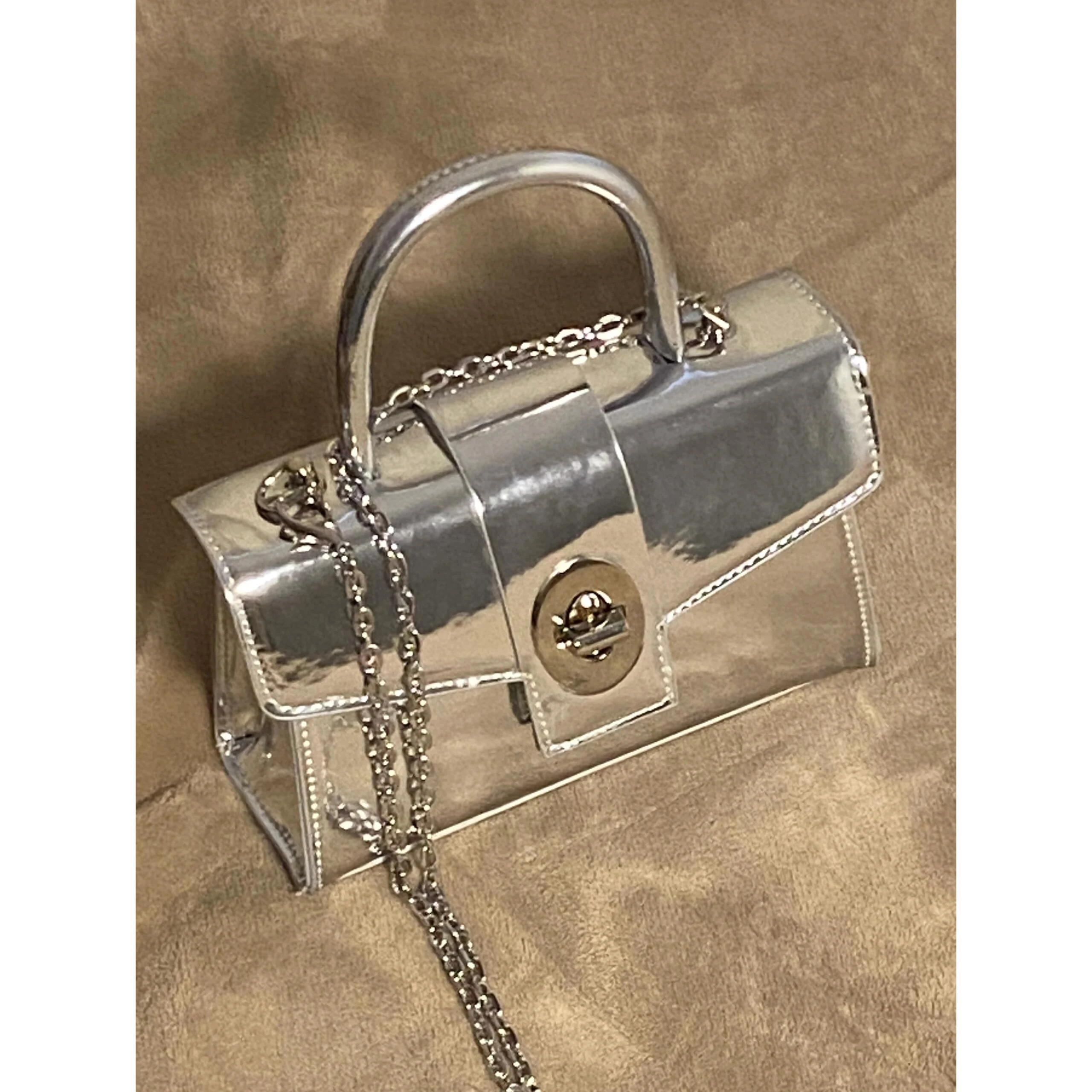  Design High-Grade Bag Patent Leather Silver Motorcycle Square Sling Bag Versitile Fashion Gyaru Shoulder Shoulder Small...