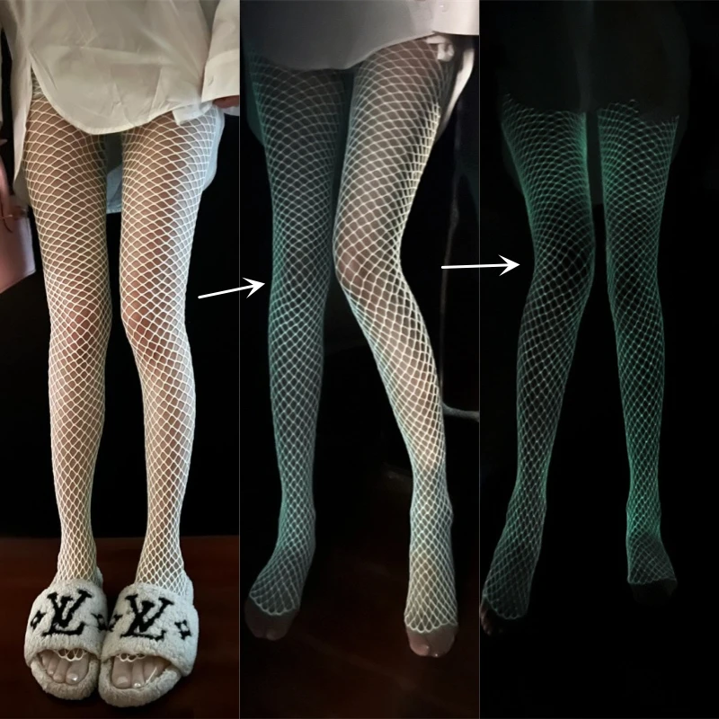 Hot Luminous Tights Ladies Hollow Out Elastic Mesh Tights Night Club Glow In The Dark Crotchless Lingerie Sexy Fishnet Pantyhose