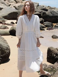 Gypsylady White French Chic Elegant Dress V-neck Cotton Lace Crochet Summer Spring Vocation Women Dresses Ladies Party Vestidos