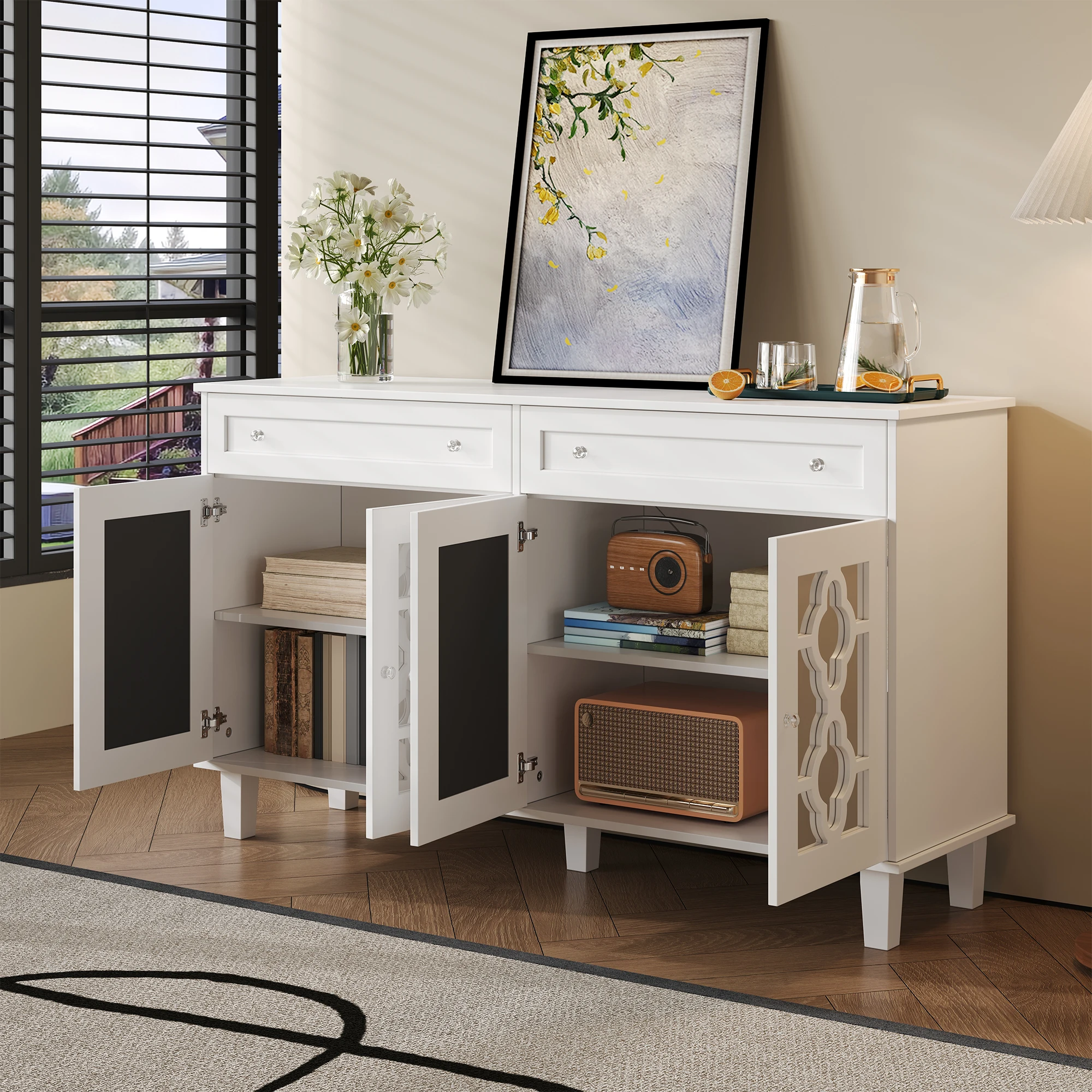 Commode avec beaucoup d'espace de rangement, armoire avec quatre portes miroir, armoire à tiroirs pour salon, 140x40x83cm, Blanc