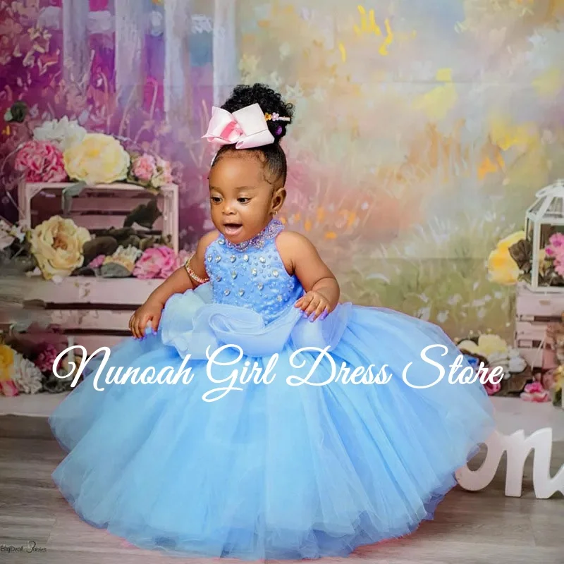 

Blue Flower Girl Dresses for Wedding Crystal Sleeveless Elegant Girl Kids Birthday Party First Holy Communion Gown Customized