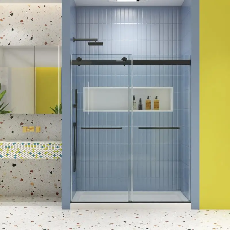 

Впускная система раздвижной душевой двери с мягким закрыванием, закаленное стекло 5/16 дюйма, матовая черная отделка, 6074