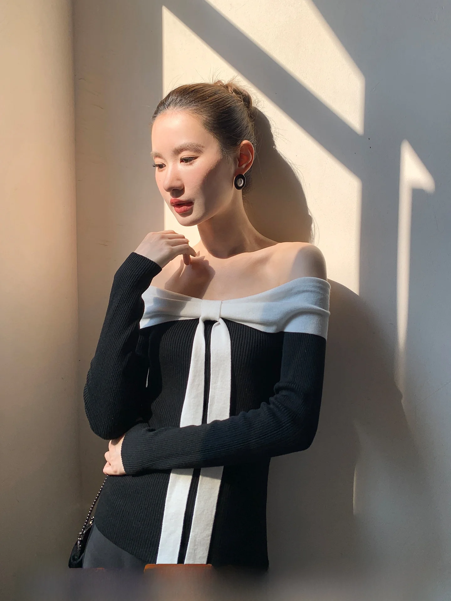 

XXNING винтажный милый цветной блузка с плечами, облегающий длинный све, женский вязаный топ irt, повседневный базовый слой, топ