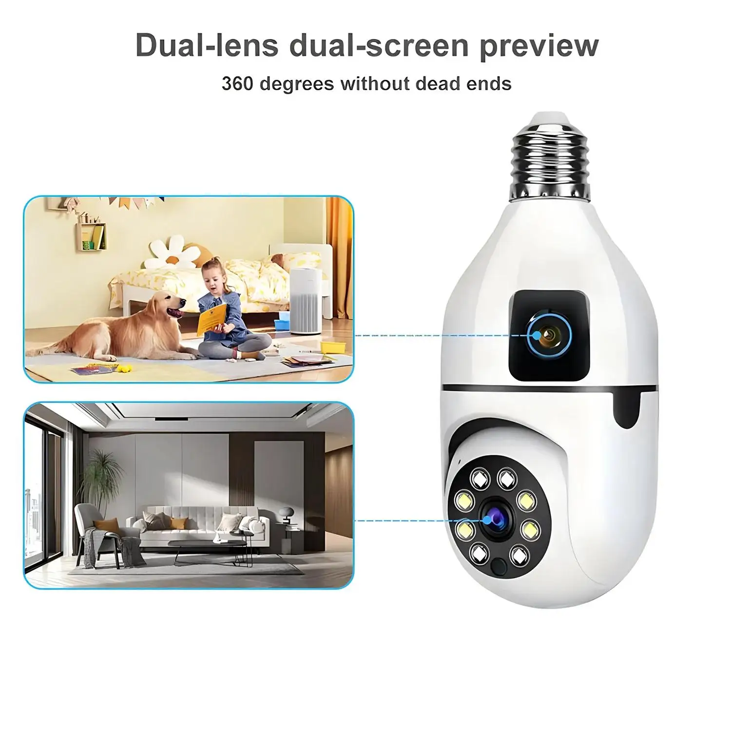 8MP E27 Bulb Surveillance WIFI Camera Dual Lens Indoor Surveillance AI Human Tracking Dual-Storage Design Security Baby Monitor