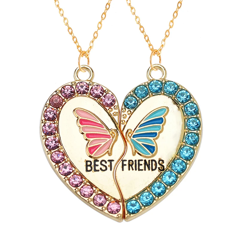 Peixin 2Pcs Colorful Enamel Rainbow Unicorn Butterfly Heart Best Friend Pendant for Women\'s Necklaces Valentines Gift Jewelry