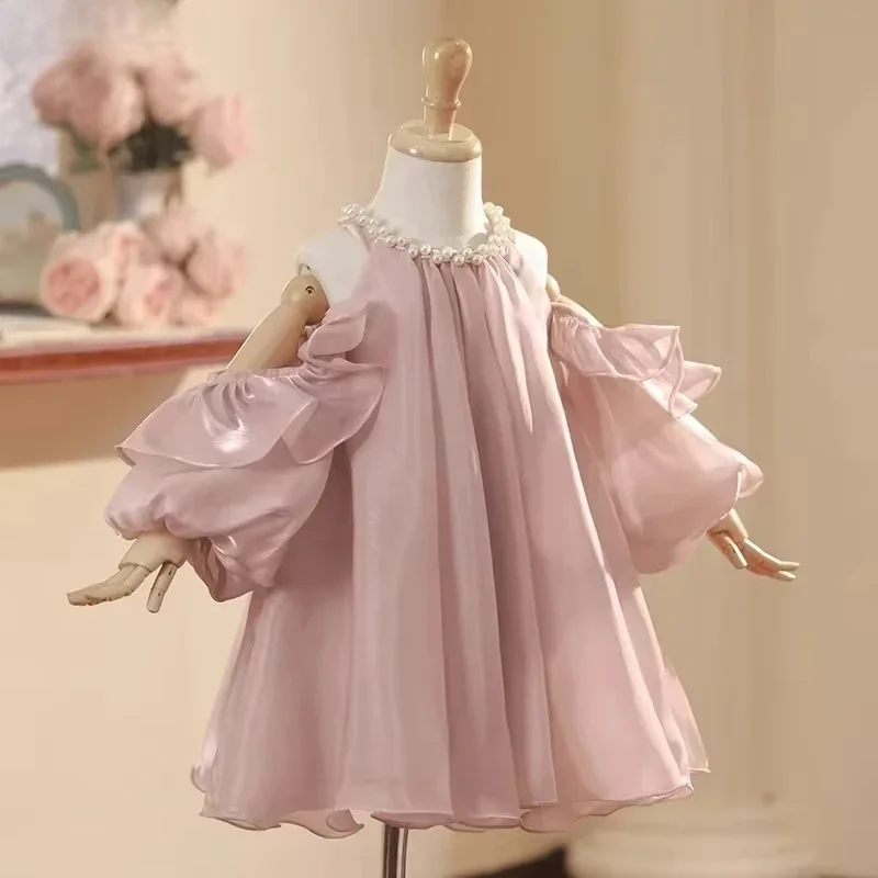 2026 Baby Girl Princess Silk Dress Off Shoulder Party Child Wedding Birthday Pearl Collar for Eid Vestido Clothes Infant Toddler