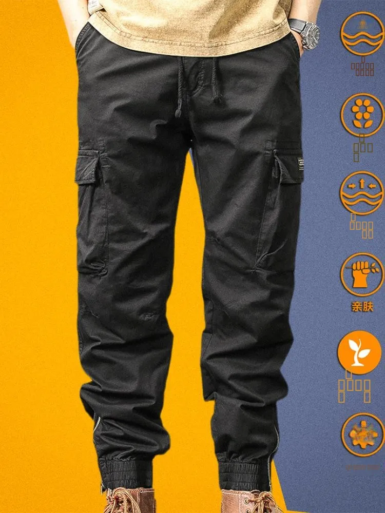 

Elastic Pure Cotton Slim Fit Straight Leg Men's Casual Pants Autumn Winter Trousers Trendy Long Pants Zipper Cuff Workwear