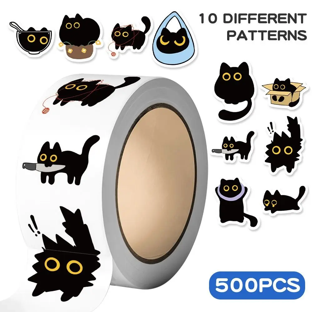 

500Pcs/Roll Creative Self-adhesive Cat Stickers Cartoon DIY Black Cat Stickers Waterproof Cute Graffiti Stickers Stationery