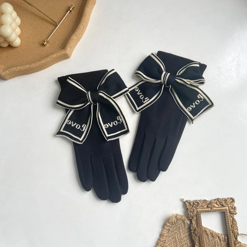 Korean Love Knitted Bow Cold Proof Full Finger Touch Screen Gloves For Women's Winter Plus Velvet Thicken Windproof Driving Warm