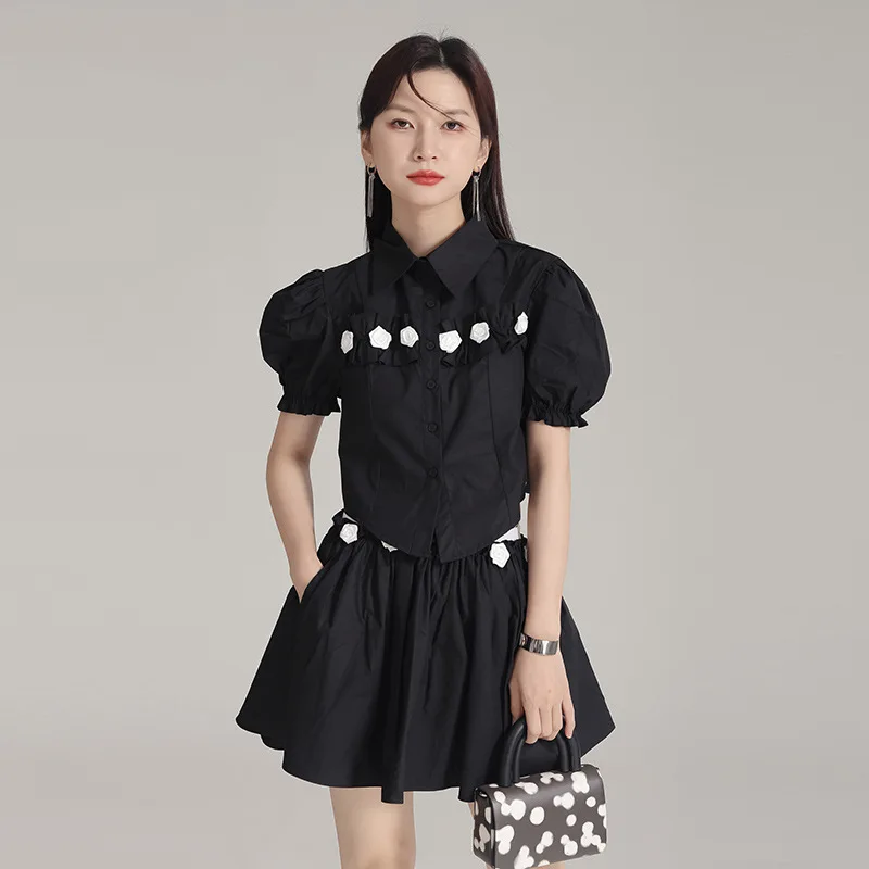 Tannt Women Shirt Ruffles Flowers Splicing Short Sleeves Cotton Shirt Blouses Color Matching Black White Short Blouses Tops 2024