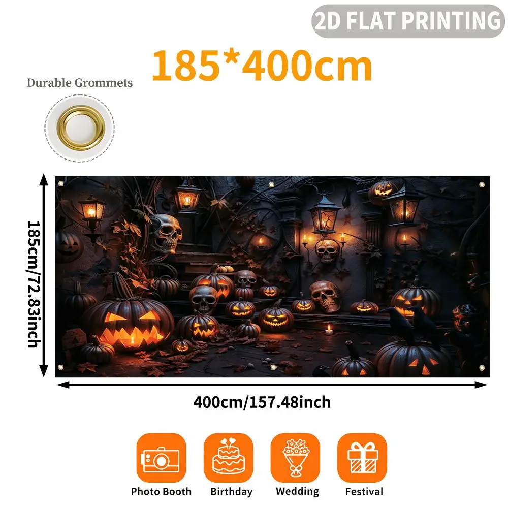 1pc 2D FLAT Halloween Party Garage Banner, Glowing Jack O Lanterns And Skulls Pattern, Decorative Polyester Banner