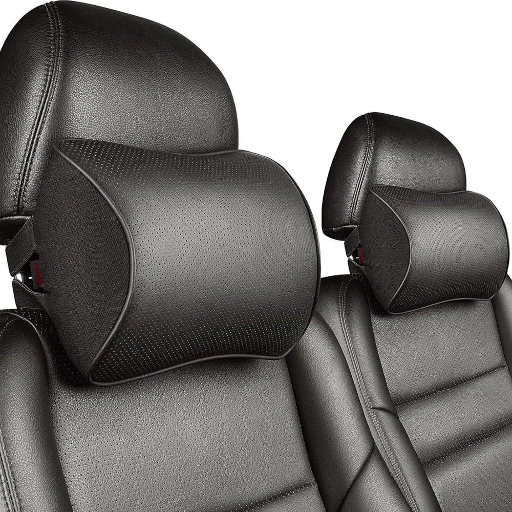 

Car Headrest Pillow with Genuine Leather Cover Memory Foam Neck Cushion for Driving Home Office Black (Pack of 2)