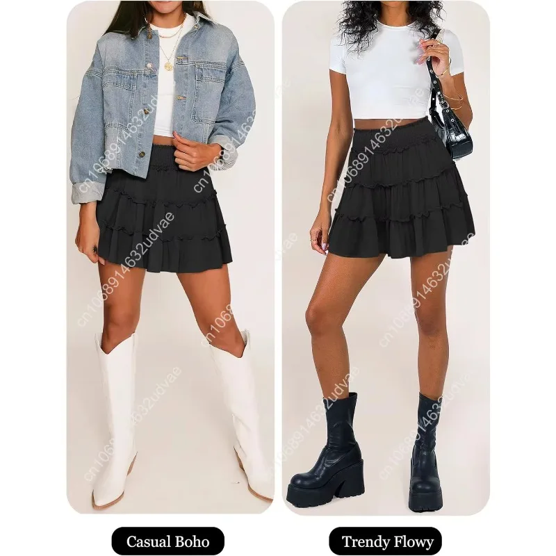 Caracilia Damen Sommer fließende Miniröcke, hohe Taille, Rüschen, gestuft, lässig, niedlich, Boho-Strand, kurze Röcke, integrierte Shorts