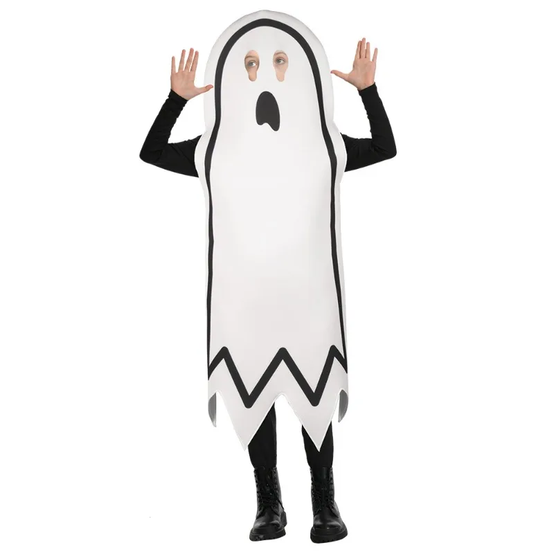 Halloween Scary Ghost Costume White Long Cape Horror Outfits Carnival Party Dress Up Suit Cloak with Ghost Face Kids Adult Robe