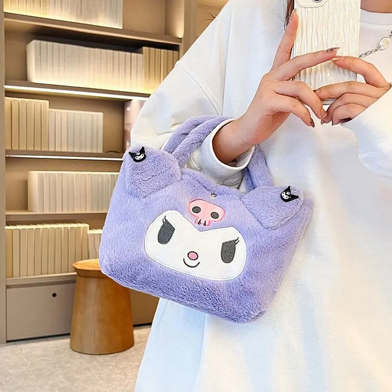 Miniso Sanliou Cute Plush Bag Kuromi 2025 New Girl Handbag Winter Student Cartoon Storage Small Bag Birthday Gift for Friends